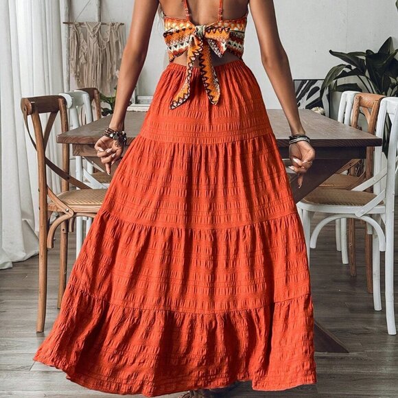 Orange Boho Women's Vacation Style Geometric Stripe Contrast Color Layered Dress - Picture 3 of 6